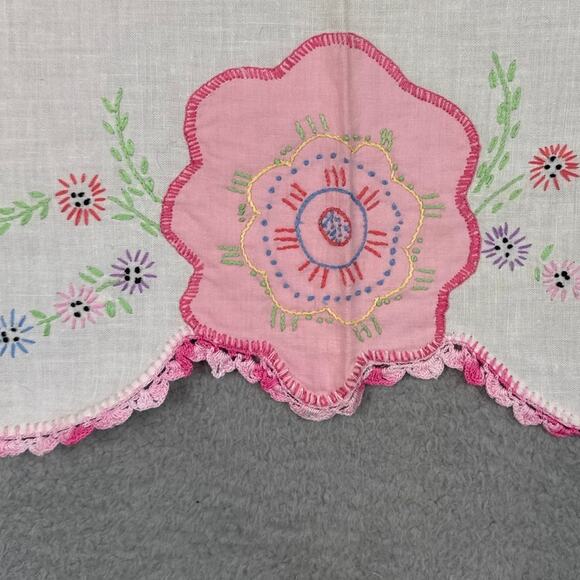 Vintage Needlepoint Floral Table Cloth Table Runner Handmade Linen Blend - Picture 2 of 5